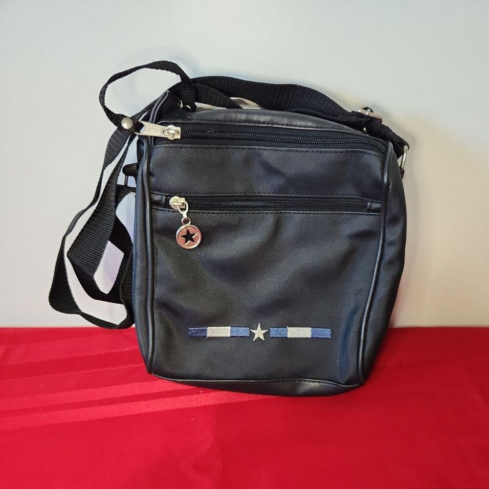 Vtg Black Nylon Crossbody Bag Utility Messenger Shoulder Star Multi-Pocket